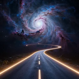 a wide glowing space road winding through a nebula to a psychedelic dismembered head hallucinating, by noriyoshi, ohrai and richard corben and peter elson, highly detailed