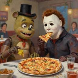 painting of Michael Myers and Freddy Fazbear eating a delicious pizza, tables, happy, charming, typical, picturesque, sharp focus, wide shot, trending on ArtStation, masterpiece, by Greg Rutkowski, by Ross Tran, by Fenghua Zhong, octane, soft render, oil on canvas, colorful, cinematic, environmental concept art