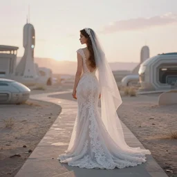 analog photograph of beautiful woman from the back, wearing a long flowing trumpet style lace wedding dress and veil in a sci - fi wasteland on a small pathway, golden hour, by mark owen. pastel colours. light rays. bokeh. cinematic. hq. detailed. contrast. cinestill 8 0 0 t
