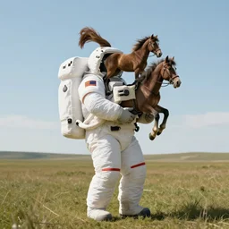 a big astronaut carries a small horse on his back. surrealism