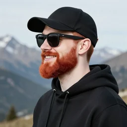 red bearded engineer with black sunglasses and black cap and hoody, no hands, mountain, smiley profile, white skin, centred, high detailed