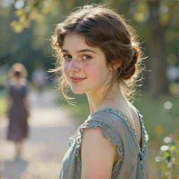 zelda fitzgerald as a beautiful young girl, wearing 1 9 2 0 s fashion, brown hair, slim, fair, turning her head and smiling, in the sun, out of focus, backlit, close up, oil on canvas, by monet, in the style of le promenade