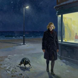 Elle Fanning stalking her prey at night on the beach in the world of Edward Hopper, stormy snowy weather, streetlights, extremely detailed masterpiece, oil on canvas, low-key neon lighting, artstation, Blade Runner 2049, Roger Deakin’s cinematography, by J. C. Leyendecker and Peter Paul Rubens,