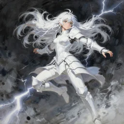 oil painting, white, sakimi chan, jumping, fantasy armor, detailed face, tony sart, wind, lightning, dramatic lighting
