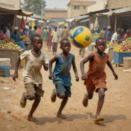 young kids in lagos nigeria running playing with a ball together in the food market realism style painting