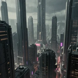 futuristic sci - fi cityscape, skyscrapers, neon signs, dense urban sprawl, cool muted light, cool colors, robert mccall, greg rutkowski, h r giger