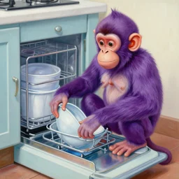 beautiful detailed photorealistic painting of a purple monkey dishwasher