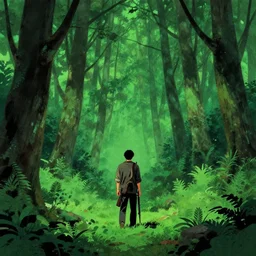 stephen king film of a man alone in a lush green forest, japanese illustration, 1 9 8 0 s, tense, man is carrying a rifle, alone, matte illustration,