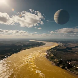 see how the yellow river's waters move out of heaven. entering the ocean, never to return, atmospheric perspective, altostratus clouds, planets, cinematic, 3 5 mm lens, anamorphic lens flare, photographic, octane render, cinematography by roger deakins, in the style of ansel adams
