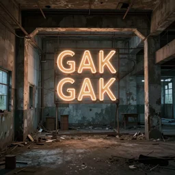An abandoned industial basement lit by a neon sign that says GAK, GAK sign, basement, painting by Syd Mead, cinematography by Robby Müller