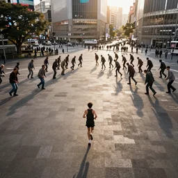 sprinter running towards a swarm of zombies in a deserted shibuya square during sunset, from a bird eye view