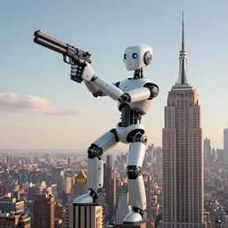 An antropomorphic robot with a gun climbs to the empire state building