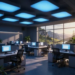 a moder office life with soft blue lights in the roof, octane render, artstation trending, highly detailded