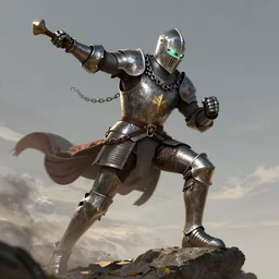 chainmail-wearing knight with glowing eyes jumping off a rock preparing to throw a punch, digital art by Steve Argyle