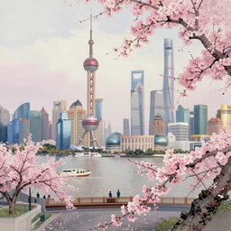 chinese painting of shanghai full of sakura, highly detailed