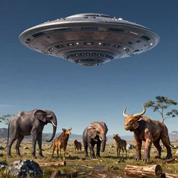 landscape image with various different lumbering alien animals with a giant UFO in the sky, extremely detailed digital matte painting, clear skies, night, vibrant, stunning lighting