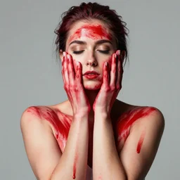 woman covered in red paint dripping, hands on her face, studio photo