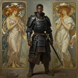 a full body fantasy portrait oil painting illustration of an African samurai by Justin Sweet and Greg Rutkowski and Alphonse Mucha and Jean-Michel Basquiat and Kehinde Wiley with face and body clearly visible, visible pupils, d&d, rpg, forgotten realms, artstation trending, high quality, sombre mood, artstation trending, muted colours, no crop, entire character!,