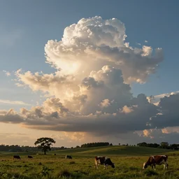 photorealistic sunlit cumulonimbus clouds float over a grassy, hilly expanse sparse with trees at sunset, dairy cattle in the foreground, very detailed