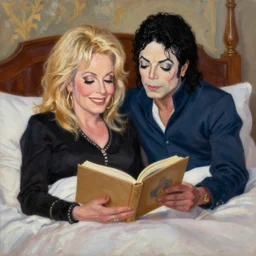 portrait of dolly parton reading a bedtime story to michael jackson in bed, an oil painting by ross tran and thomas kincade