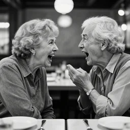 poignant portrait black and white photo of an old couple screaming at each other in a restaurant, nostalgia, argument
