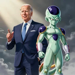 : president biden and freeza, anime cartoon style, crunchy roll, dragonball z