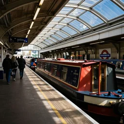 a canal boat london underground tube station platform, passengers boarding the next boat