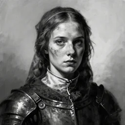 close portrait of the young warrior joan of arc, with a dirty face, digital matte painting, dramatic lighting, concept art, black - and - white, visible brushtrokes, hyper detailed, trending on artstation, by christophe young, by wlop, by greg rutkowski, by raymond swanland