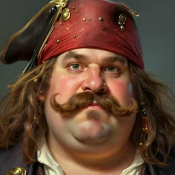 face portrait of an obese chubby friendly pirate with a big bushy mustache moustache, highly detailed, digital painting, artstation, concept art, sharp focus, illustration, art by artgerm and greg rutkowski and alphonse mucha