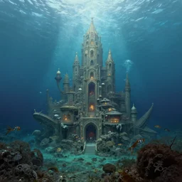 a hidden underwater city, surreal, beautiful, in the style of manet