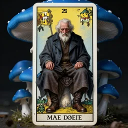 a very old man wearing a dark overcoat sitting in a giant blue mushroom, tarot card, mythical, concept art, trending on artstation, high quality, highly detailed, digital art, high coherence, path traced, high definition, anatomically correct, badass, dramatic lighting, cinematic, high contrast, masterpiece