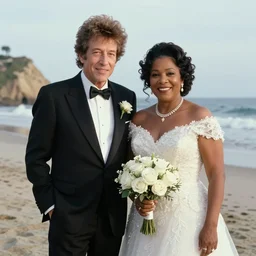 the malibu beach wedding of Bob Dylan and Moms Mabley, professional color photography, cinematic photography, star wars, trending, professional, 8k, detailed face, HD