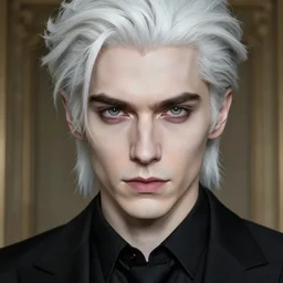 portrait of 4 0 - year - old man with white hair with a pale complexion, pointed face and grey eyes, clear smooth face, no beard, wearing black suit and black shirt, haughty facial expression, hyper realistic face, beautiful eyes, close up, fantasy art, in the style of greg rutkowski, intricate, alphonse mucha, hyper detailed, smooth
