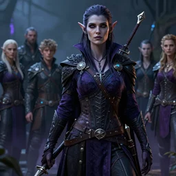 a realistic detail of dark elf huntress by Julian calle, wlop, Beksiński, Dylan cole, Erak note, Denis Villeneuve, Ben Nicholas, Anton Fadeev, thomas kinkadegreg, rutkowski, Finnian MacManus, Syd mead Trending on artstation, blue and purple scheme, 8k, Unreal Engine