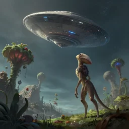 alien planet with stange plants and an alien animal looking up to a hovering spaceship, low angle shot, concept art, by chris foss and michael whelan, concept art, digital illustration, trending on artstation, 8 k