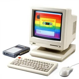 full - color 1 9 8 3 article from an apple computer magazine introducing the apple 4 retro - futuristic personal computer with a crt display showing a gui. it has a computer - mouse and a data - cassette reader and a pen - tablet. rainbow - colored graphic design ; cassette - futurism ; cassette - punk ; retrofuturism.