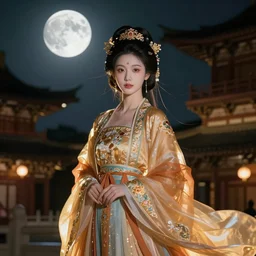 moon a beautiful girl in hanfu night hyperdetailed digital illustration dramatic cinematic lighting by wlop and artgerm and greg rutkowski and alphonse mucha ， chinese traditional architecture