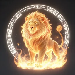 a magical lion made of fire surrounded by glowing white runes. by sam kanios