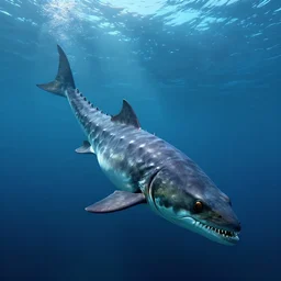 underwater view of a long neck, large body, prehistoric ocean predator, octane render, cinema 4 d, light rays, cinematic lighting, golden ratio, underwater photography, realistic, volumetric lighting, wildlife documentary, by greg rutkowski