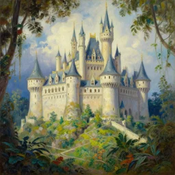 A grand castle in the tropical forest by Thomas Kinkade, Oil on Canvas, Detailed, ArtstationHD