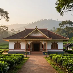 a beautiful stylish assam type house bungalow at sunrise, in guwahati with backdrop assam tea garden, concept art, octane render, unreal engine 5, trending on artstation, high quality, 8 k, soft lighting, path traced, hyperrealistic, highly detailed, digital art, symmetrical, cinematic, high coherence, godrays