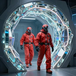two scientists wearing futuristic red hazmat suits entering geometric fractal neon crystal portal by frank frazetta