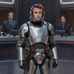 painting of Emmanuel Macron dressed as armored commander with his helmet off in Star Wars inside the galactic senate, sharp focus, full body, trending on ArtStation, masterpiece, by Greg Rutkowski, by Ross Tran, by Fenghua Zhong, octane, clear eyes, soft render, clear facial features, oil on canvas, moody lighting, cinematic, professional environment concept art