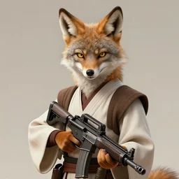 beautiful portrait of a female anthropomorphic coyote fursona wearing jedi robes wielding an assault rifle. detailed hands. character design by charlie bowater, ross tran, artgerm, and makoto shinkai, detailed, soft lighting, rendered in octane
