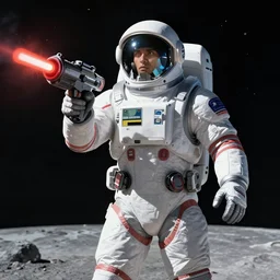 an illustration of a space hero with a laser blaster, on a moon with Jupiter filling the background, by bernie wrightson and Moebius, 4k, highly detailed