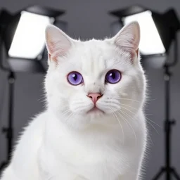 photo still of white cat purple eyes, 8 k, studio lighting bright ambient lighting key light, 8 5 mm f 1. 8
