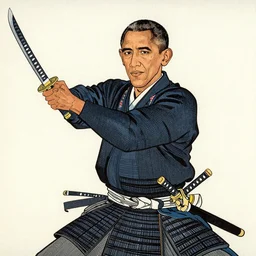 ukiyo-e print block of Obama samurai wielding a katana