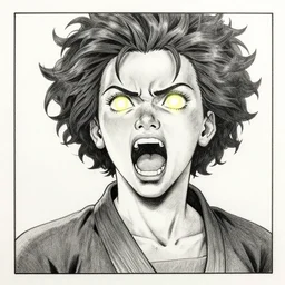 scarlett johansson with glowing irises, screaming expression wearing gi. dramatic lighting, afro samurai anime style, pencil and ink manga drawing, centered in panel