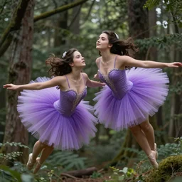 two brunette fairy women wearing purple romantic tutus flying around a forest, fantasy art, highly detailed, sharp focus, elegant, beautiful, amazing, astonishing, marvelous, incredible, trending on artstation, by steve argyle