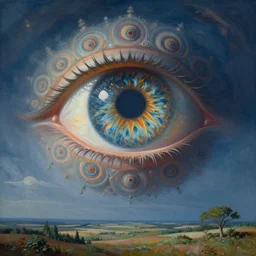 a painting of a giant eye in the sky, surrealism, visionary art, fractals, matte painting, by christophe vacher